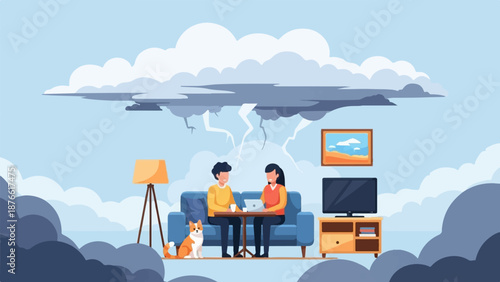 Couple with dog inside a room, watching a stormy sky with lightning