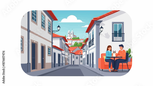 Couple with dog enjoys a tranquil outdoor cafe scene on a picturesque European street