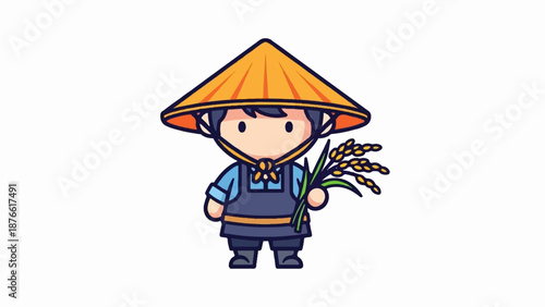 Cute cartoon farmer wearing conical hat holds rice stalks