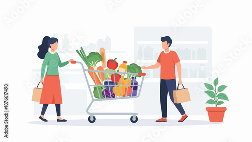 Couple with grocery cart filled with fresh produce, shopping bags, and potted plant
