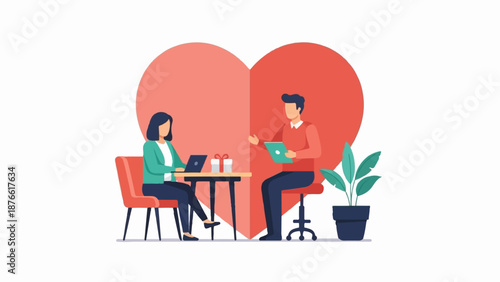 Couple working on laptops, near a gift, with a heart background