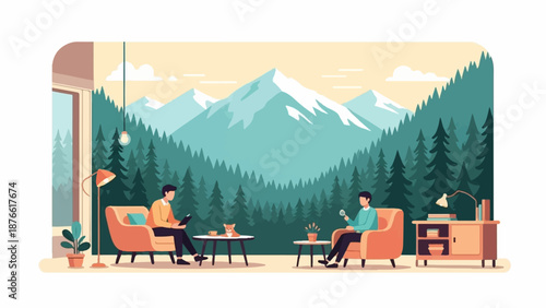 Cozy interior scene with two men, a dog, and a mountain vista