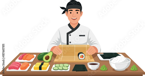 Asian sushi chef preparing fresh delicious sushi rolls with various ingredients on a wooden table, perfect for promoting Japanese food and cooking experiences
