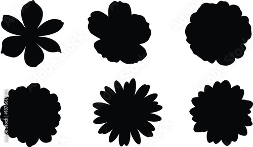 Stylized flower shape silhouette set, black petal variation, floral design, nature icon, vector art, botanical graphic illustration