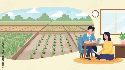 Couple working remotely from home, overlooking a field of crops