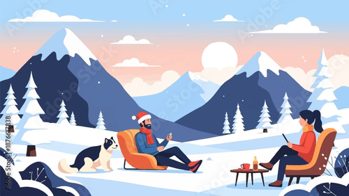 Couple enjoying a serene winter mountain landscape with their dog, sipping drinks