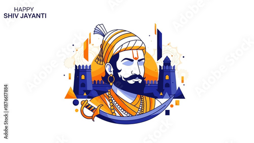 Illustration of a regal Indian character with a beard and turban, adorned with jewelry, standing in front of a cityscape on Shiv Jayanti, a vibrant and cultural celebration, with a mix of