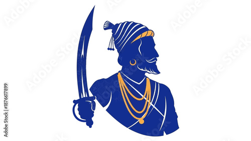 Vector illustration of Shiv Jayanti character, a bearded man in traditional Indian attire holding a sword, with a regal and cultural mood against a clean white background.