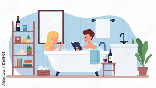 Couple enjoys a bubble bath with wine and a book in a cozy bathroom setting