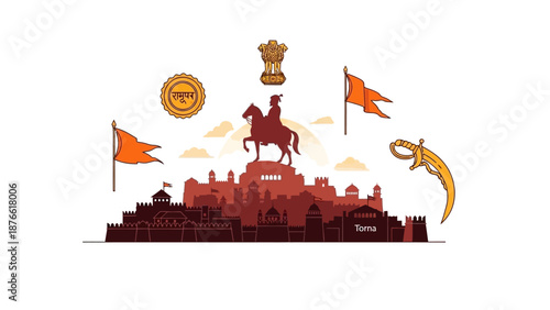 Vector illustration of a character on horseback with flags and symbols celebrating Shiv Jayanti in India, with a bold and vibrant design.