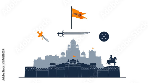Vector illustration of a character celebrating Shiv Jayanti with a cityscape and symbolic objects in India, featuring a flag, sword, and horseback rider.