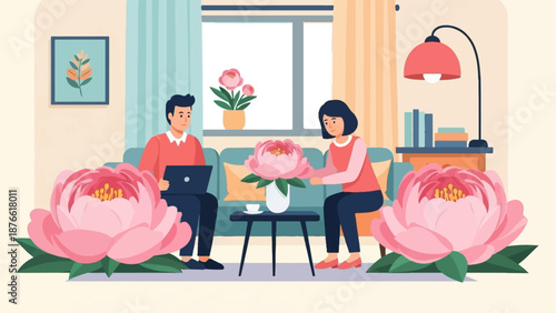 Couple at home with peonies, man on laptop, woman arranging flowers