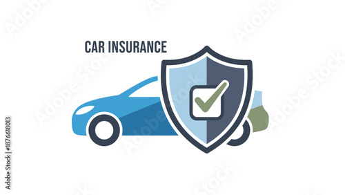 Car Insurance Protection Shield with Checkmark Icon and Blue Sedan