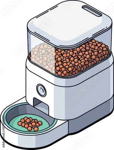 Automatic pet feeder providing a convenient solution for regular feeding schedules, ideal for veterinary clinic brochures, pet store advertisements, or animal care service promotions