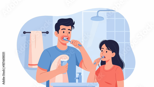 Couple brushes teeth in bathroom, towel on rack, shower head visible
