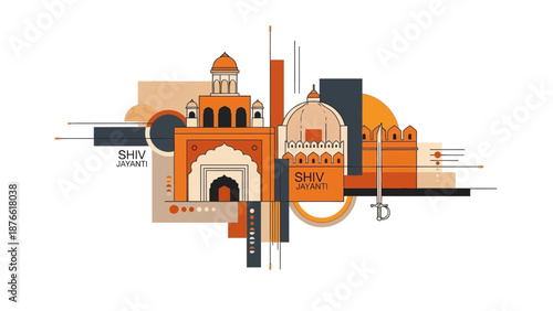 Vector illustration of a vibrant Indian architectural composition celebrating Shiv Jayanti with orange and beige tones, geometric shapes, and cultural motifs on a white background.
