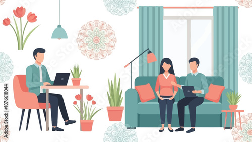 Couple and man in home office with plants, flowers, and decor