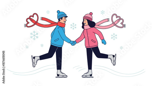 A romantic couple ice skating hand in hand on a winter day with snowflakes and heart shaped scarves for seasonal holiday promotions and activity guides