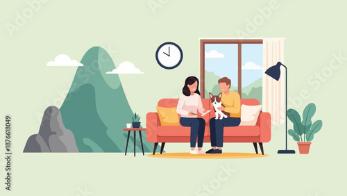 Couple and dog relax on sofa with mountainous backdrop, indoors