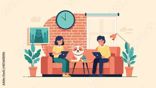 Couple and dog on couch with laptops, interior scene
