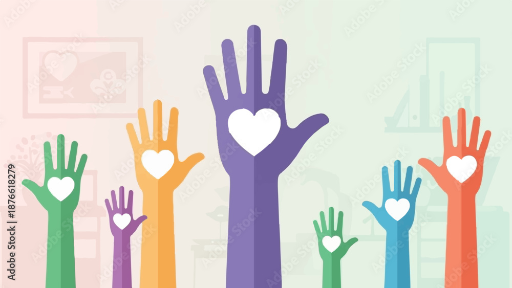 Fototapeta premium Colorful raised hands with hearts, symbolizing unity and care