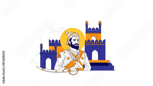 Vector illustration of a regal character in traditional attire with a majestic castle in the background, symbolizing Shiv Jayanti in a vibrant, celebratory mood with warm, golden tones.