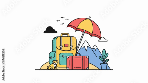 Colorful travel scene with luggage, umbrella, mountains, and a dog