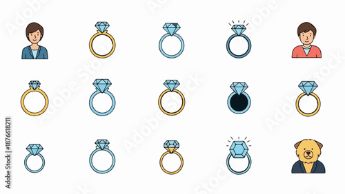 Collection of diverse engagement rings and stylized human and animal portraits