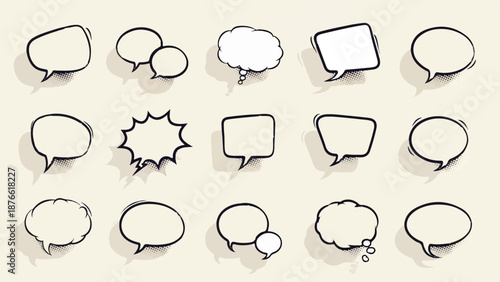 Collection of diverse comic-style speech and thought bubbles with halftoned shadows