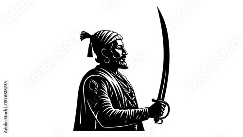 Vector illustration of a Shiv Jayanti character, a man in traditional Indian attire holding a sword, depicted in a bold black and white graphic style against a clean white background.