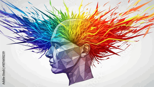 A person's creative mind explodes with colorful thoughts and ideas in a vibrant, abstract representation.