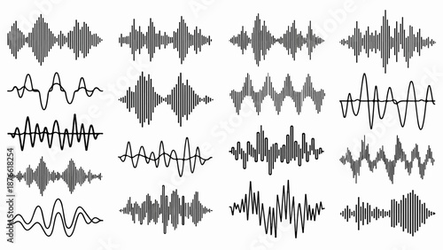 Collection of diverse black sound wave patterns on a white background