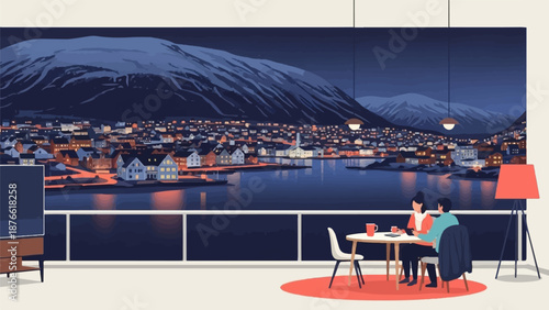 Couple enjoys a cozy evening indoors with a stunning view of a town at dusk