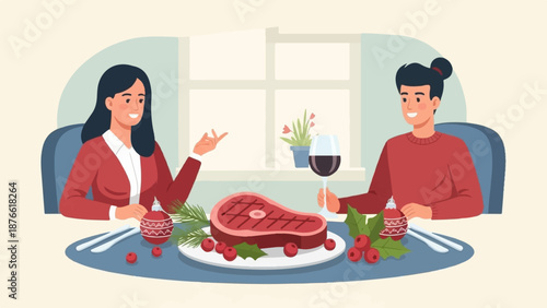 Couple enjoys a festive dinner with a steak and wine by the window