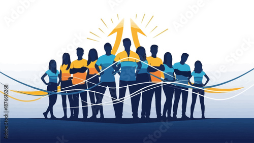 A diverse group of people standing together, connected by lines and arrows, symbolizing unity and collaboration in a modern setting from a straightforward viewpoint.