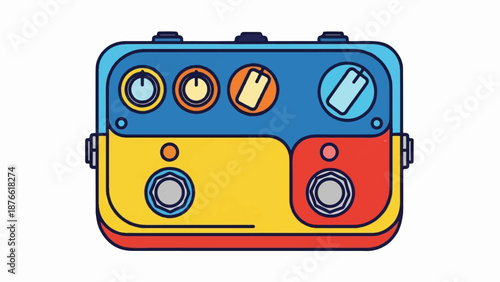 Colorful, retro-style audio effect pedal with knobs and footswitches for musicians