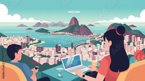 Couple enjoys a digital nomad lifestyle overlooking a coastal city and iconic mountain