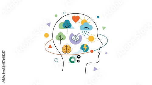 A digital illustration of a human head with colorful icons representing thoughts and ideas