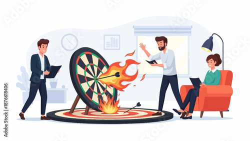 Colleagues focus on a burning dartboard with an arrow in the bullseye