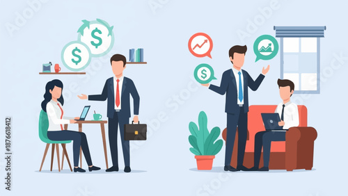 Colleagues discuss business growth and financial progress in a bright office setting