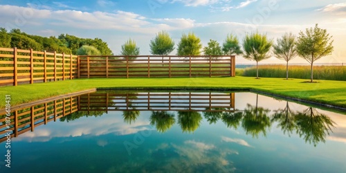 Serene landscape featuring a reflecting pool mirroring a wooden fence and lush green lawn, enhanced by the tranquil presence of several trees at sunset.