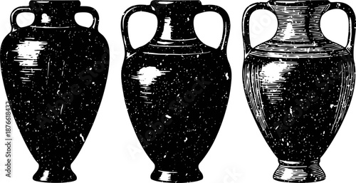 Three antique ceramic amphora vases with handles vintage pottery and jar designs