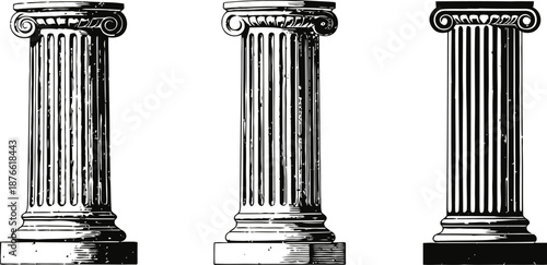 Three ancient greek columns with detailed fluted shafts and ornate capitals in black and white