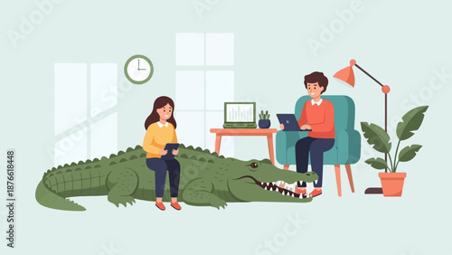 Colleagues collaborate and work with a large reptile in a modern office space