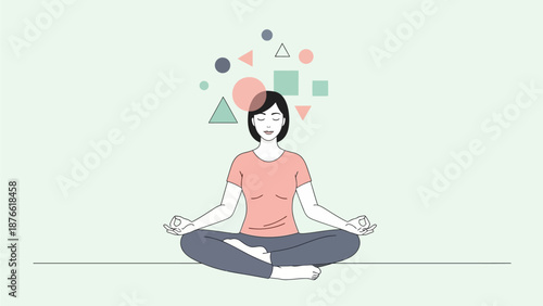 Illustration of a serene woman practicing yoga surrounded by geometric shapes