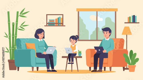 Family collaborating at home with laptops in a cozy living room
