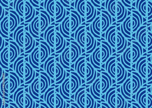 青色の円弧ラインで構成された幾何学シームレスパターン背景｜抽象、連続模様