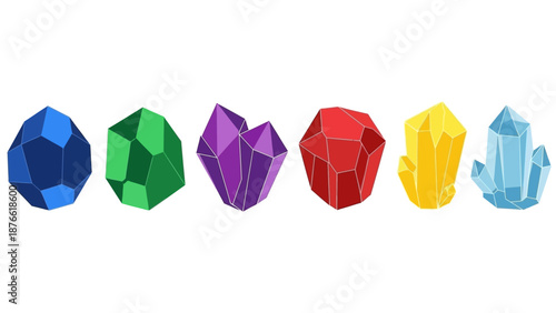 Collection of colorful faceted crystals isolated on white background