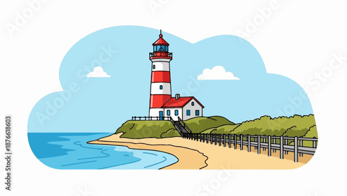 Coastal scene featuring a striped lighthouse and adjacent building on a grassy hill overlooking a sandy beach and blue ocean