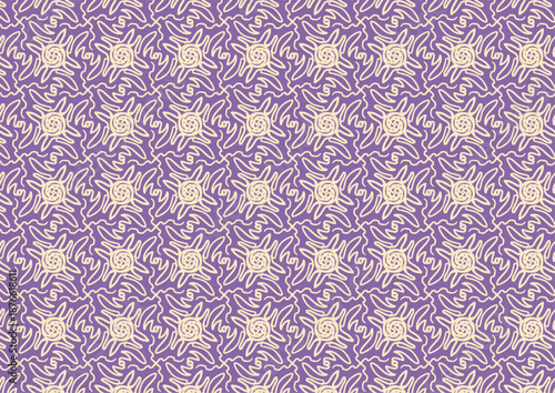 紫色の線画フラワーによる抽象シームレスパターン背景｜アート、連続模様、ベクター